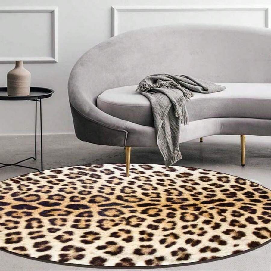 Round Leopard Print Carpet Area Rug Living Room Bedroom Floor Mat Pad Non-Slip - Brown - View 1