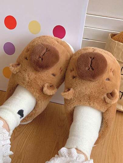 Popular Autumn/Winter Women's Cartoon Kapi Bara Plush Lined Thick Comfortable Warm Indoor Slippers, Unisex Couple Fluffy House Slippers