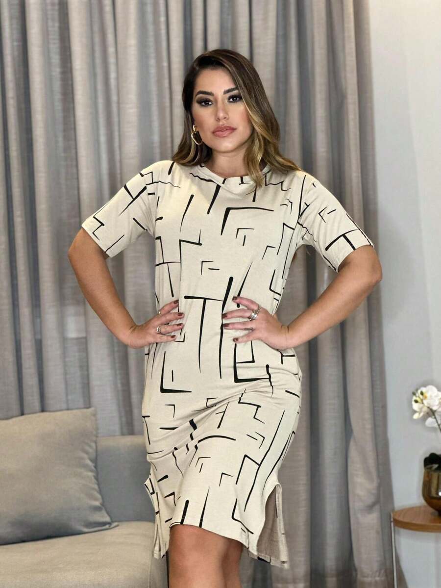 Printed Midi Dress Short Sleeve With Side Slit And Pocket Pattern Textured All-Over Print Paisley (Cashmere) Christmas Casual Conservative/Modest Elegant Knit Pocket Side Stripe Evening Holiday Office Home Daily Baby Shower Birthday Party Work Photoshoot Street Smart Casual - Màu be - Xem 1