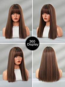 NICKY WALL 18英寸高光咖啡棕色假发，女士中长直发，带刘海，高密度，外观自然，耐热纤维材质，适合魅力女孩日常派对佩戴。 - 挑染棕色 - 查看 6