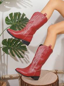 Fall/Winter 2025 Women's New Vintage American Style Embroidered Leather Pointed Toe Western Boots Women's Burgundy Leather Chic High Top Boots Women's High Heel Chunky Heel Riding Boots Women's Fashionable Punk Style Chelsea Boots,Cowboy Boots