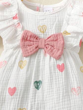 2 件套可爱婴儿女童连体衣，带双面心形蝴蝶结 + 头带套装，夏季