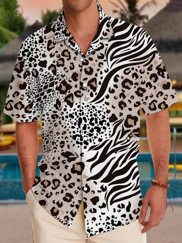 1pc New Fashion Leopard Print Casual Short Sleeve Shirt For Men, Versatile, Comfortable And Breathable, Showcasing Personal Charm!