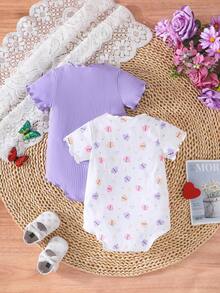 2pcs/Set Baby Girl Ribbed & Butterfly Print Solid Short Sleeve Bodysuit Outfit - Multicolor - View 2