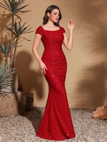 女士优雅亮片晚礼服，基本款，正式，长袍，适合婚礼宾客 - 紅色 - 查看 5