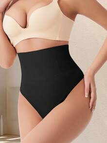 High Waist Seamless Thong Panties, Tummy Control Butt Lifting Shapewear Underwear - Black - View 7