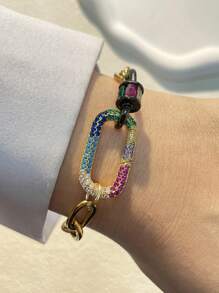 STYLEVER 1pc Gold Carabiner Bracelet, Stainless Steel Chain, Multicolour Bracelet, Screw Clasp Bracelet, Double Buckle Colored Chain