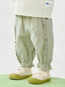 mini bala Girls' Long Pants Baby Girl Soft Breathable Sweet Ruffled Flower Pants - Bean Paste Green - View 2