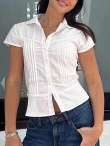 Blusa de estilo puro deseo con diseño de botones, cuello y solapa, corte slim y plisado, en color blanco, estilo girly y de vuelta al colegio para mujeres en otoño - Blanco - Ver 9