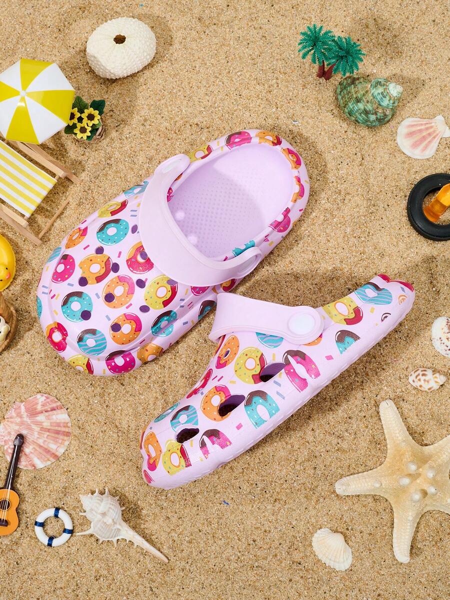 1双女童舒适、时尚、休闲、轻便、可爱甜甜圈印花一脚蹬凉鞋，防滑、耐穿、保护脚趾，沙滩鞋，春夏款 - 紫色 - 查看 1