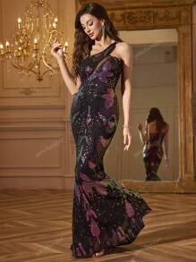 yanchunxier 1pc Colorful Sequin Embroidered Elegant Formal Dress, Chest Diagonal Hollow Mesh Splice, Knit Fabric Sequin Splice Zipper One-Shoulder Slim Fit Extra Long Fishtail Hem, Suitable For Weddings, Parties, Formal Dinners, Holidays. All Seasons