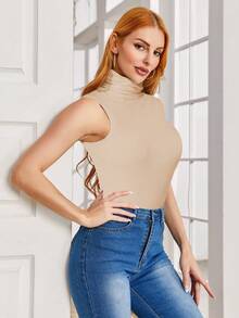 Sleeveless Turtlenecks For Women Lightweight Soft Vest Stretchy Turtleneck Tops Mock Neck Solid Pullover Tank Pile Heap Collar - Beige - View 3