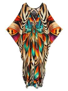 Women's Elegant Print Kaftan Batwing Sleeve Loose Dress Boho V Neck House Dress Outfits,Modest - Multicolor - View 3