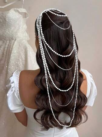 1件优雅精致的白色珍珠水晶链条头饰，多层长流苏飘逸发箍，奢华浪漫的新娘、伴娘、派对、公主风发饰