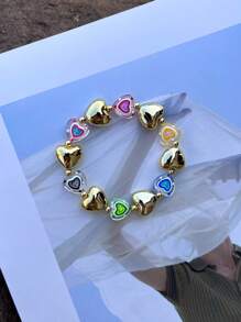 1 pieza Pulsera elástica hecha a mano con cuentas de cobre, con corazón enchapado y esmalte colorido, adecuada para uso diario y eventos de mujeres