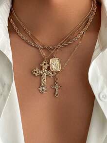 4pcs Vintage Chic Geometric Metal Cross Pendant Necklace Set, Multilayer Charm Necklaces For Men - Yellow Gold - View 15