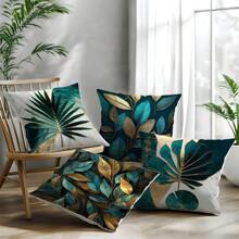 [2D Flat Printing] 4pcs 3D Green And Gold Leaf Print Pattern Pillow Covers [Without Pillow Insert], 17.7*17.7in (45*45cm), [Single-Sided Printing] Polyester Decorative Cushion Covers For Sofa, Bed, Living Room, Bedroom, Car, Office, Hotel, Room Decor, Home Decor, Bedroom Decor, All Season, Perfect Gift For Family And Friends