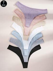 Set de 7 tangas de mujer de algodón, bragas sexys de color liso acanalado, ropa interior cómoda y transpirable - Multicolor - Ver 1