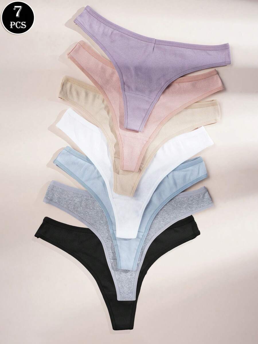Set de 7 tangas de mujer de algodón, bragas sexys de color liso acanalado, ropa interior cómoda y transpirable - Multicolor - Ver 1