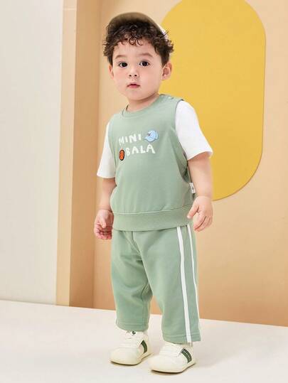 mini bala Boys' Short Sleeve Set Skin-Friendly Non-Sweat 2 In 1 Long Pants Set Summer New