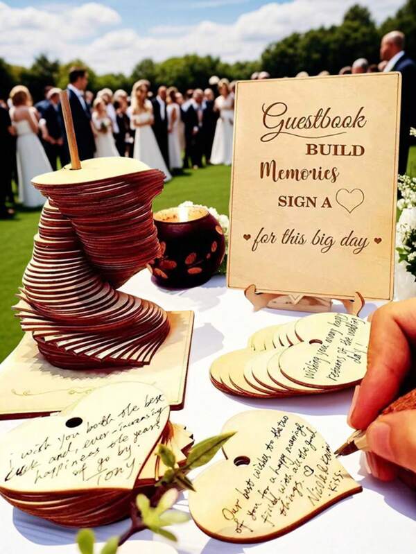 72 piezas Libro de visitas con forma de corazón de madera - Decoración rústica para recepción de boda y regalo de recuerdo, alternativa a libro de visitas para bautizo y cumpleaños