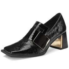 TDD Loafers For Women Patent Leather Buckle Square Toe Chunky Block Dress Slip On Wide Casual Comfortable Dressy High Heels Ladies Comfort Moccasins Elegantes 2 Inch Shoes