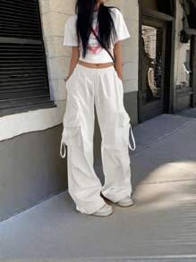 Street High Waist Flap Pocket Drawstring Waist Elastic Hem Ruched Casual Wear Wide Leg Parachute Cargo Pans Y2K Music Festival
