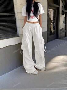 Street High Waist Flap Pocket Drawstring Waist Elastic Hem Ruched Casual Wear Wide Leg Parachute Cargo Pans Y2K Music Festival