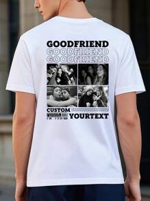 Personaliza una camiseta de hombre con una imagen y texto. Agrega el texto en el pecho izquierdo y un diseño en la espalda. Es un regalo para amigos
