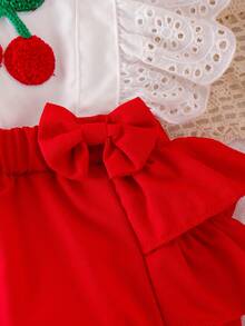 Conjunto de 2 piezas para bebé niña: body con bloqueo de color, bordado de cereza y volantes, con diadema - Blanco - Ver 10