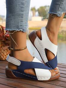 Women's Stylish Summer Platform Sandals - Easy To Wear, Thick Bottom, Open Toe, Soft PU Cover, Black & White Non-Slip Beach Shoes, Slip-On Hook And Loop Casual Sandals - White Blue - View 2