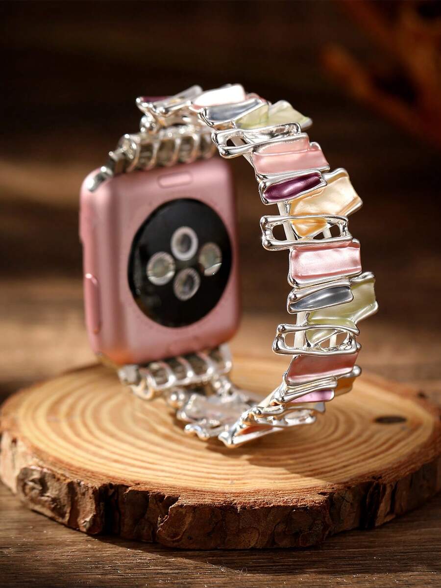 1 件女式创意时尚彩色不对称几何弹性锌合金手链表带兼容 Apple Watch 38 毫米 40 毫米 41 毫米 42 毫米 44 毫米 45 毫米 49 毫米适用于 Ultra Ultra 2 SE 9 8 7 6 5 4 3 2 1 - 七彩銀色 - 查看 1