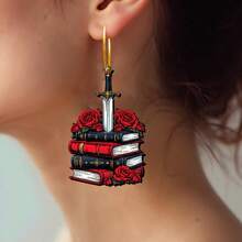 Pendientes de madera con forma de libro rojo en estilo de moda