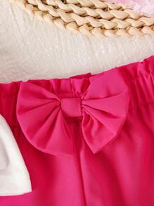 2pcs/Set Baby Girls Cute Bow Print Cap Sleeve Top + Solid Bow Decor Casual Shorts Set