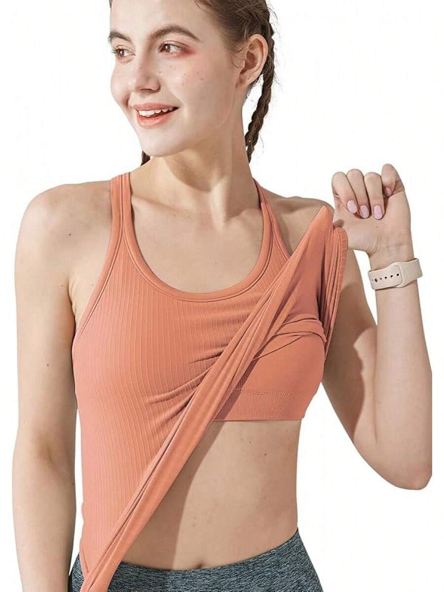 Yoga Racerback Tank Top For Women With Built In Bra,Women's Padded Sports Bra Fitness Workout Running Shirts - 橙粉紅色 - 查看 1