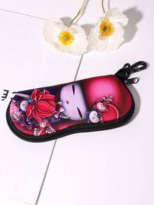 1pc Kawaii Japanese Puppet Doll Print Rubber Eyeglass Case With Keychain Durable Zippered Pouch For Men & Women Fits Various Eyeglass Styles Eywear Accessory