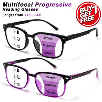 2pcs/3pcs Classic Multi-Focus Reading Glasses, Bifocal Progressive Lens, Non-Slip Nose Pads, Ultra-Light Frame With Flexible Spring Hinges For Comfortable Wear, Fashionable Black & Purple Color