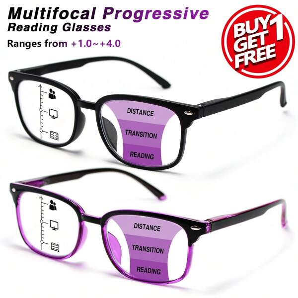 2pcs Classic Multi-Focal Reading Glasses With Progressive Lens Function,Anti-Slip Nose Pad, Ultra-Light Frame With Spring Hinges For Comfortable Wear, Fashion Black & Purple Tones
