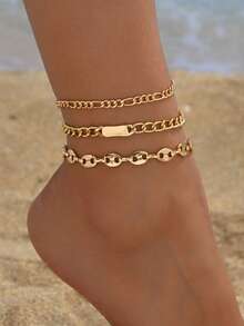 3pcs/Set Minimalist Style Golden Geometric Metallic Chain Anklet, Suitable For Daily Wear, Beach, Vacation, Date - Multicolor - View 1