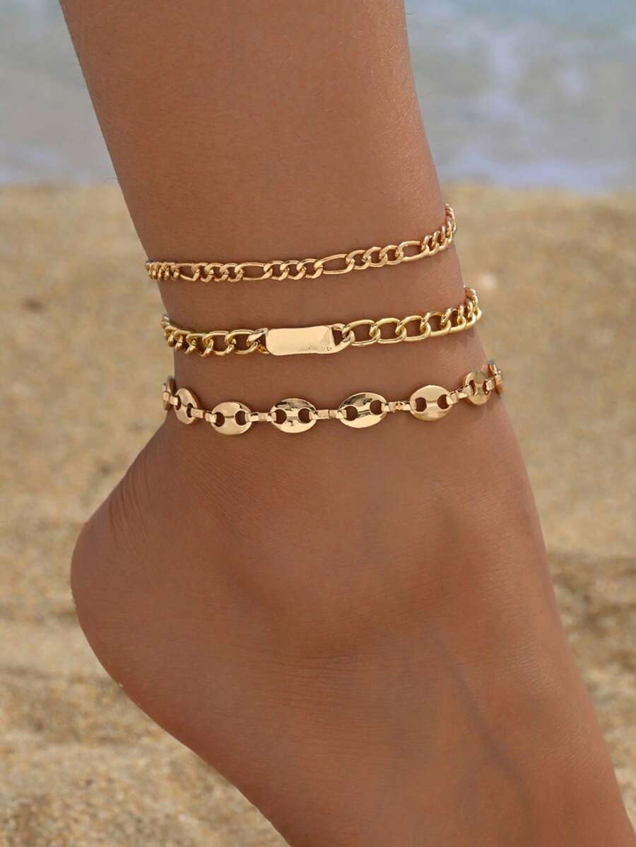 3pcs/Set Minimalist Style Golden Geometric Metallic Chain Anklet, Suitable For Daily Wear, Beach, Vacation, Date - Multicolor - View 1
