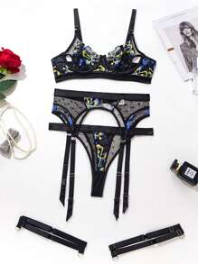 Conjunto de 3 sutiãs camisola bordados de malha de lingerie sexy feminina