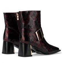 TDD Patent Leather Chelsea Boots For Women Square Toe Ankle Wide Calf Booties Botas Para Mujer Leather Chunky Block Dress Warm Lined Cowboy Cowgirl Ladies 2.5 Inch High Heels