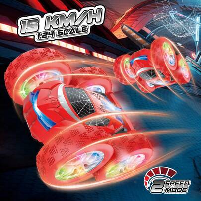 1辆带彩色LED灯的遥控车，2.4GHz双面360°翻转遥控车，遥控翻滚蜘蛛特技漂移车，可充电玩具车，适合3-12岁男孩女孩，复活节、圣诞节、生日礼物