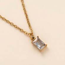CIREY 18K Gold Plated Rectangle Birthstone Pendant Necklace With Colorful Cubic Zirconia For Women, Titanium Steel