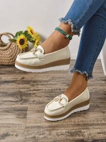 2025 Spring Women Thick-Sole Slip-On Loafers, Round Toe Metal Buckle Wedge Casual Shoes, Vintage British Style PU Leather Outdoor Commuting
