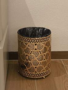 Luxury European Style Golden Color Waste Bin, Metal Gold Electroplated Exterior + PVC Liner, Kitchen, Dining Room, Living Room Trash Can, Small Desktop Garbage Can, Delicate Pattern - Multicolor - View 6