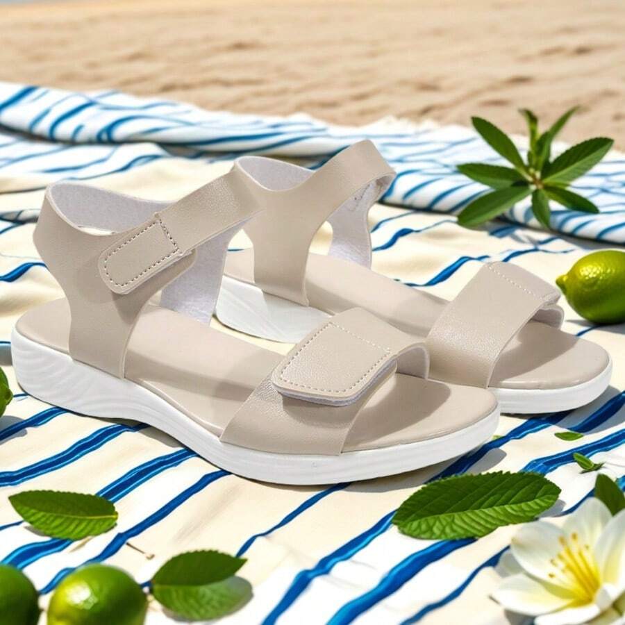 New Women Sandals, Solid Color Patchwork Neutral Style Beach Casual Basic Outdoor Fabric Asymmetric/Asymmetrical Hook & Loop Fastening Beach Wedding Party Home Outdoor Office, Spring/Summer - Apricot - View 1