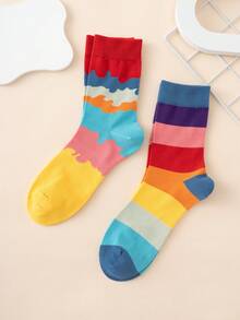2 Pairs Unisex Colorful Stripe & Cartoon Printed Comfortable & Breathable Mid-Calf Socks, Suitable For Everyday Use, High Quality Material, Variety Of Patterns, Suitable For All Seasons - Multicolor - View 3