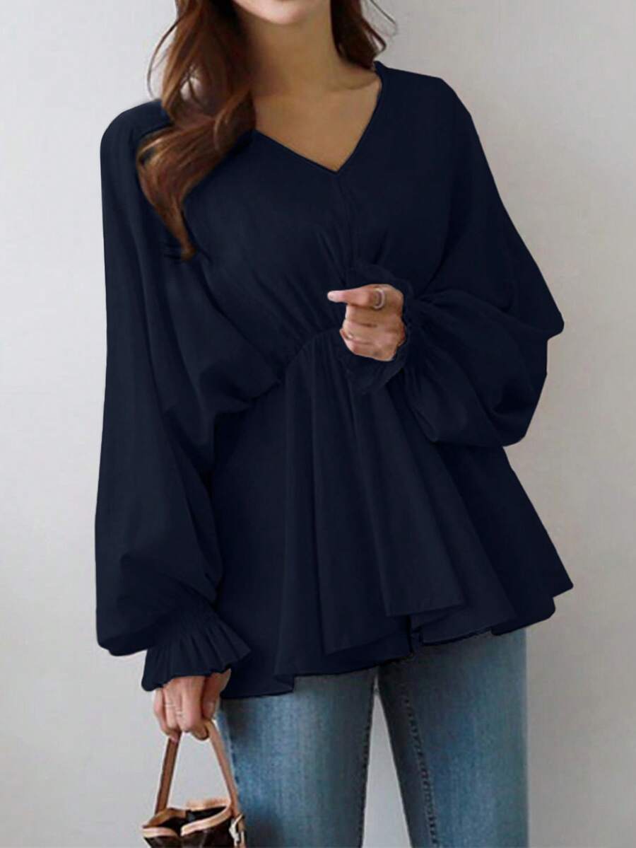 Chemise décontractée pour femmes à col V asymétrique, taille plissée, manches bouffantes longues, printemps/été - Bleu marine - Voir 1