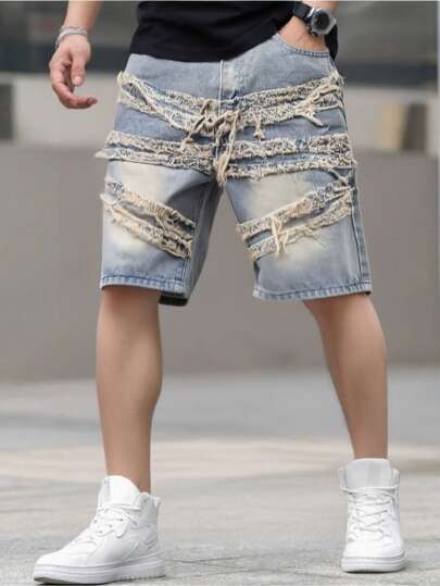 Youth Fashion Fringe Decor Skinny Straight Leg Denim Shorts, Street Style